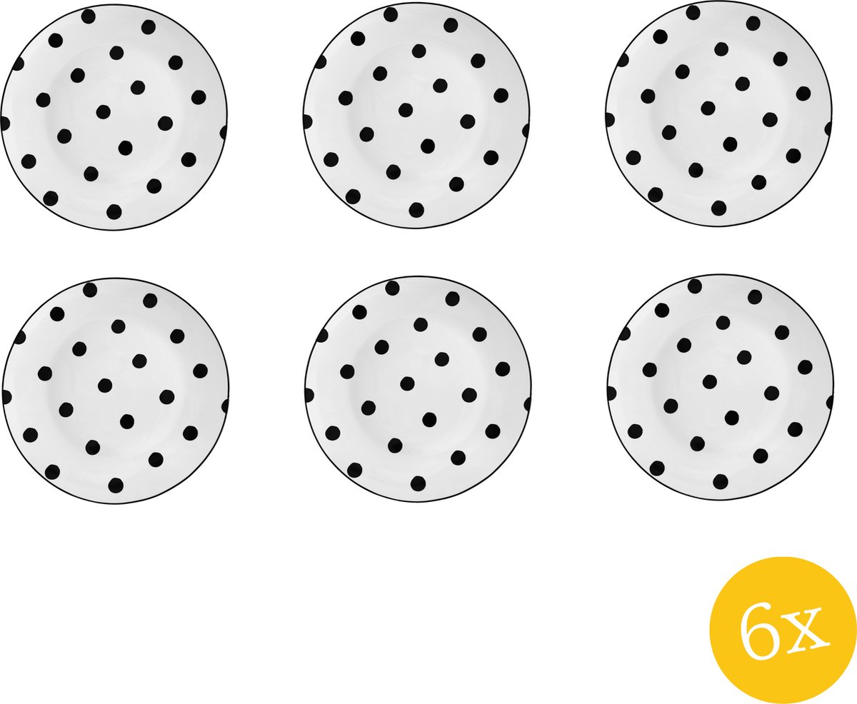 Clayre & Eef Dinerbord set van 6 stuks Ø 26 cm Wit Zwart Porselein Rond Stippen Eetbord
