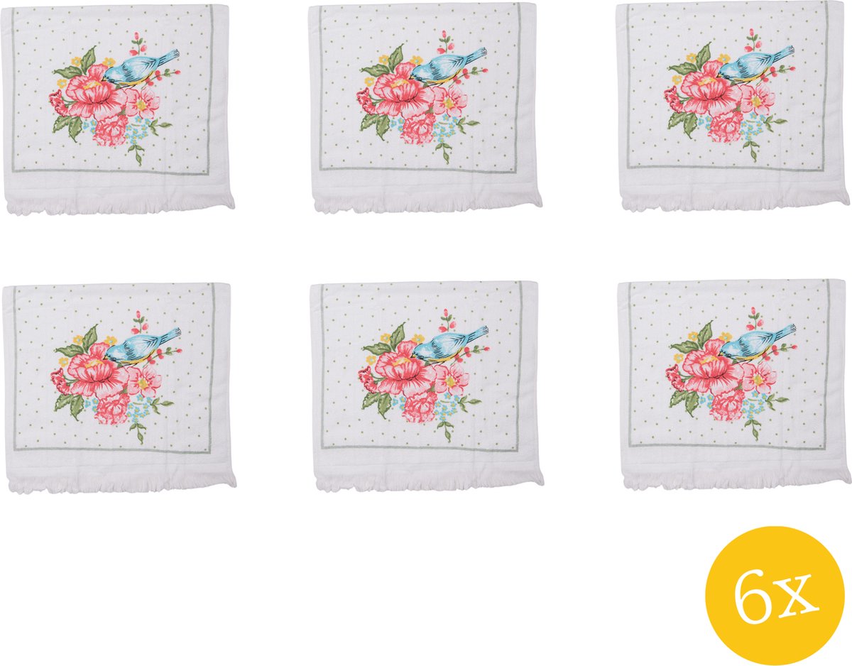 Gastendoekje set van 6 stuks 40x66 cm Wit Roze Katoen Rechthoek Bloemen Toilet Handdoek