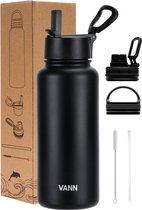 Bol.com VANN® 3-Wandige Waterfles 1 liter met rietje voor volwassenen – Met 5 accessoires – Bidon RVS – 24 uur koud/12 uur warm ... aanbieding