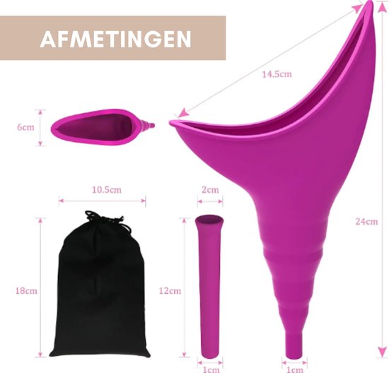 Afmetingen van een roze plastuit, draagtas en een buisje.