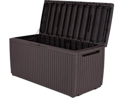 PolkaHome 123 x 53 x 57 cm Springwood Outdoor Plastic Opbergdoos Tuinmeubilair - Bruin met Deksel | Grote Opbergbox voor Tuin | Waterdicht en Duurzaam