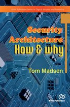 Boek "Security Architecture: How & Why" door Tom Madsen, met een blauw circuitbordontwerp.