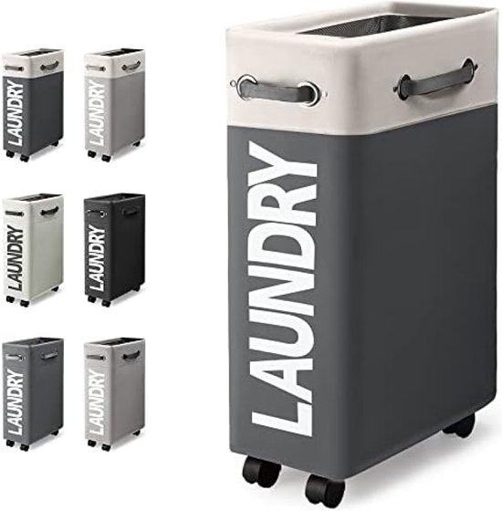 IHOMAGIC 40L slanke wasmand op wielen, opvouwbare rollende wasmand, hoekwasmand met handvat, draagbare stoffen opbergbak, vuile kledingzak voor badkamer, slaapzaal, reizen, donkergrijs