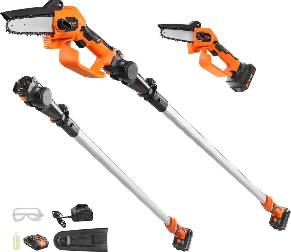 Merkloos Mini-kettingzaag met accu 20V 2Ah Borstelloze motor 2 in 1 accu-snoeier 22.000 tpm kettingzaag elektrische Telescopische heggenschaar Snoeizaag met telescoopsteel Verlenglengte tot 2 43 m