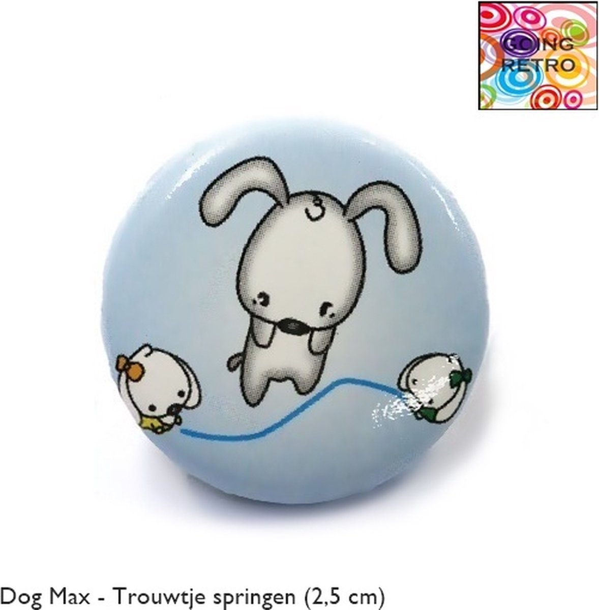 Going Retro® - Trendy Button Brôche - (46) Dog Max Wit Grijs Touwspringen Blauw – Licht Blauw – ca. 2,5 cm – Volwassenen Jeugd Kinderen – Unisex – Casual - Thema Feest