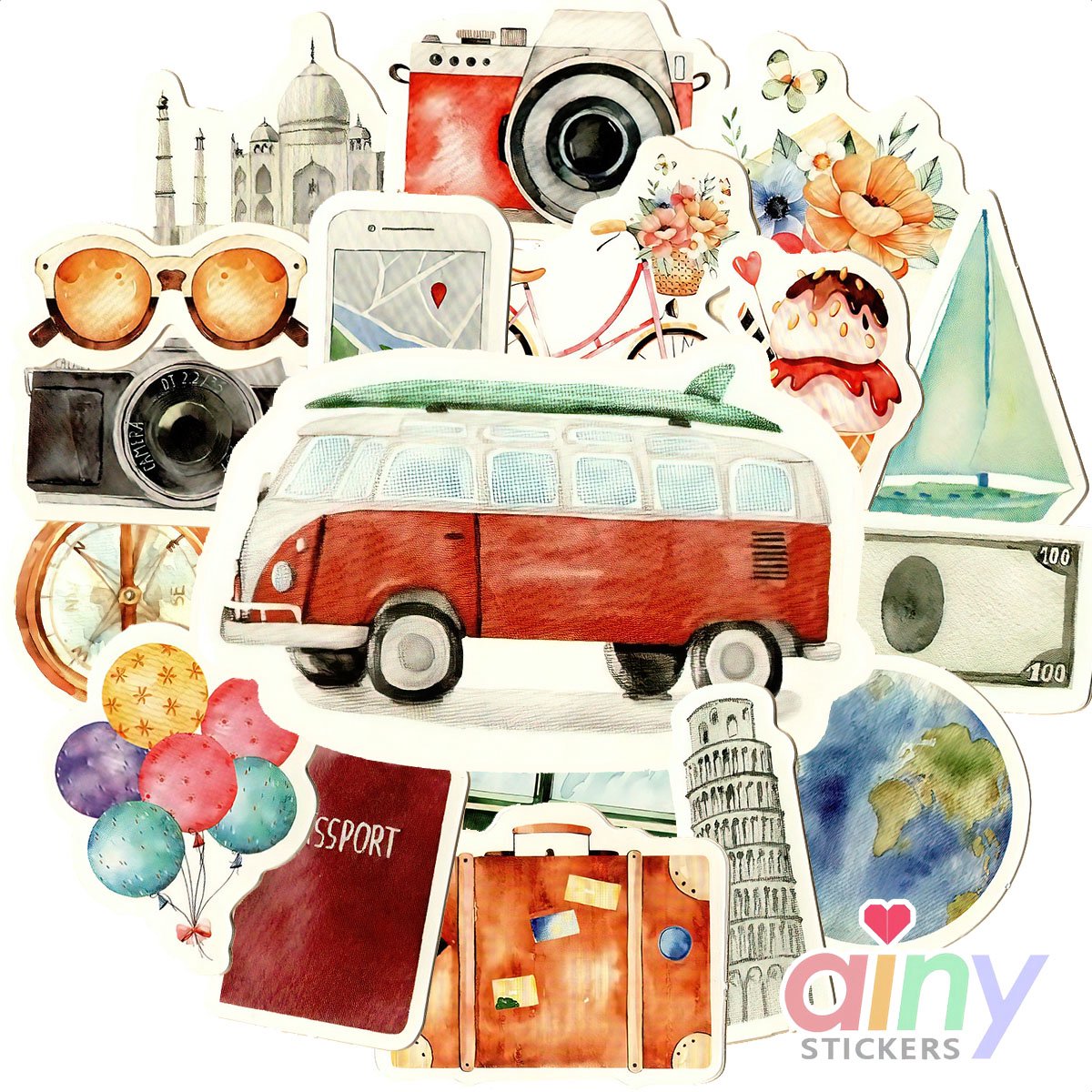 Ainy Reizen Stickers 46 stuks voor bullet journal, fotoalbum, wenskaarten, laptop, telefoon - ook geschikt als geschenksticker, skateboard stickers, graffiti stickers, knutselen stickervellen voor kinderen en volwassen
