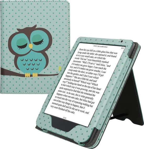 kwmobile e-reader hoesje geschikt voor Kobo Clara BW / Colour hoes - E reader flip case van kunstleer - Ereader cover met stand - Slapende Uil design in turquoise / bruin / mintgroen van Merkloos — afbeelding 5