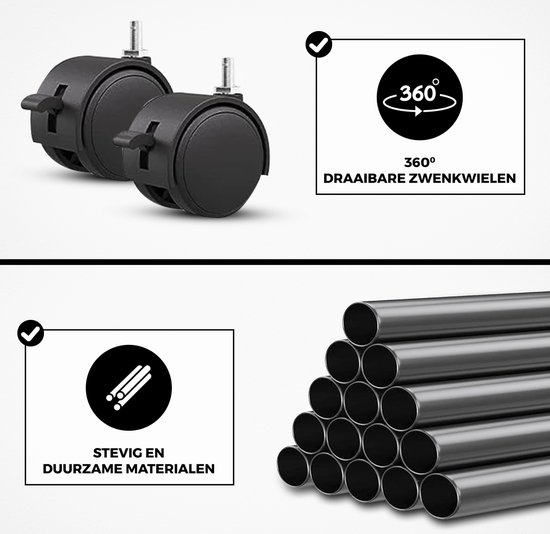 Twee zwarte zwenkwielen met remmen en een stapel metalen buizen. Tekst: "360° DRAAIBARE ZWENKWielen", "STEVIG EN DUURZAME MATERIALEN".