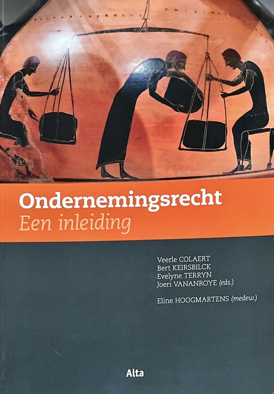 Boekomslag met antieke Griekse figuren die met een weegschaal wegen. "Ondernemingsrecht Een inleiding"