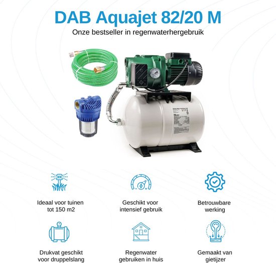 DAB Aquajet 82/20 M waterpomp, met groene zuigslang en blauw voorfilter. Met icons en tekst over toepassing en kenmerken.