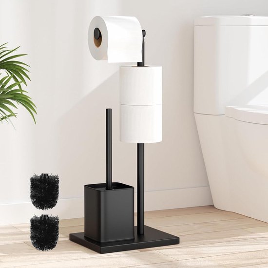 Porte-rouleau de papier toilette en acier inoxydable avec brosse de toilette sur pied - noir mat - accessoires de salle de bain majordome de toilette