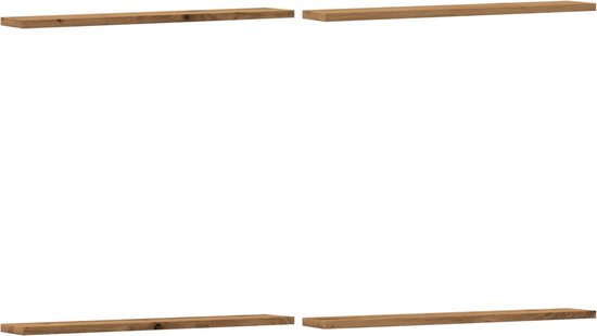Quatre étagères en bois de chêne artisanal, chacune avec un grain de bois subtil.