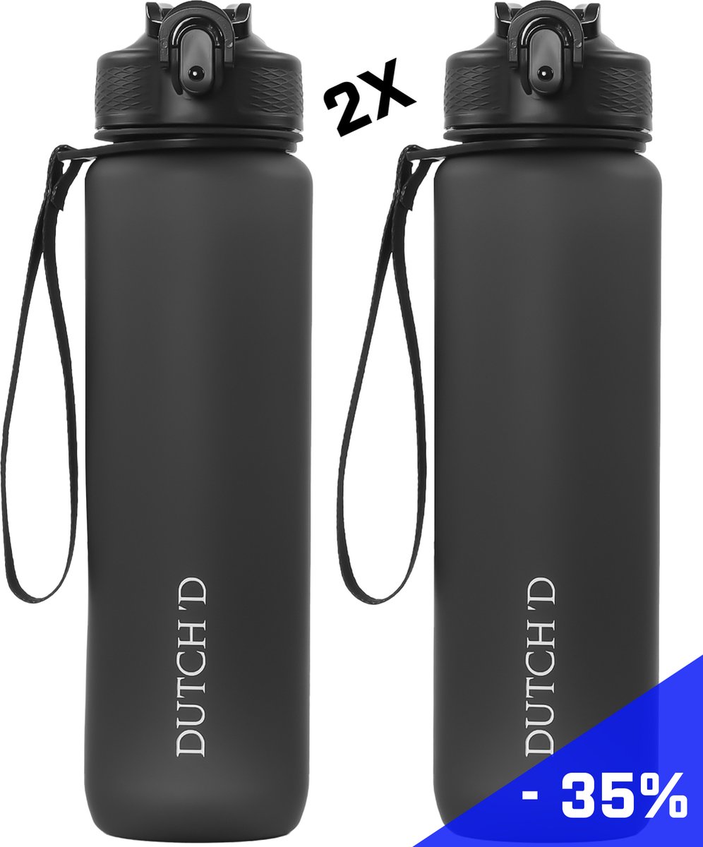 Dutch'D ® - 1 Liter - 1+1 GRATIS - Waterfles met rietje - Drinkfles - Zwart - Tritan - BPA Vrij - Rietje - Lek Vrij - Drinkfles Volwassenen en Kinderen