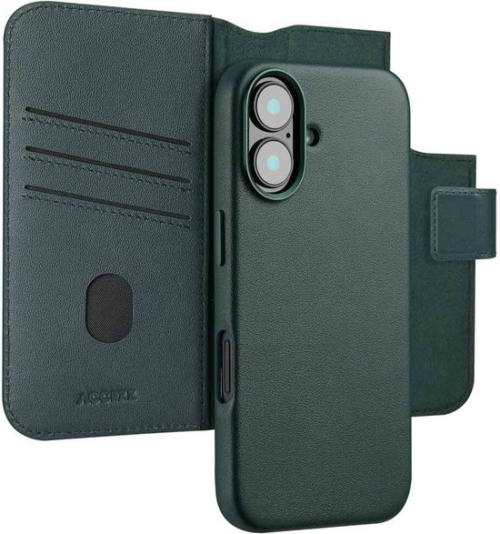 Foto: Accezz hoesje geschikt voor iphone 16 hoesje met pasjeshouder accezz leather bookcase 2 in 1 geschikt voor magsafe donkergroen