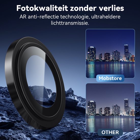 Een Mobstore cameralensbeschermer met AR-technologie en een stad bij nacht vergeleken met 'OTHER'.