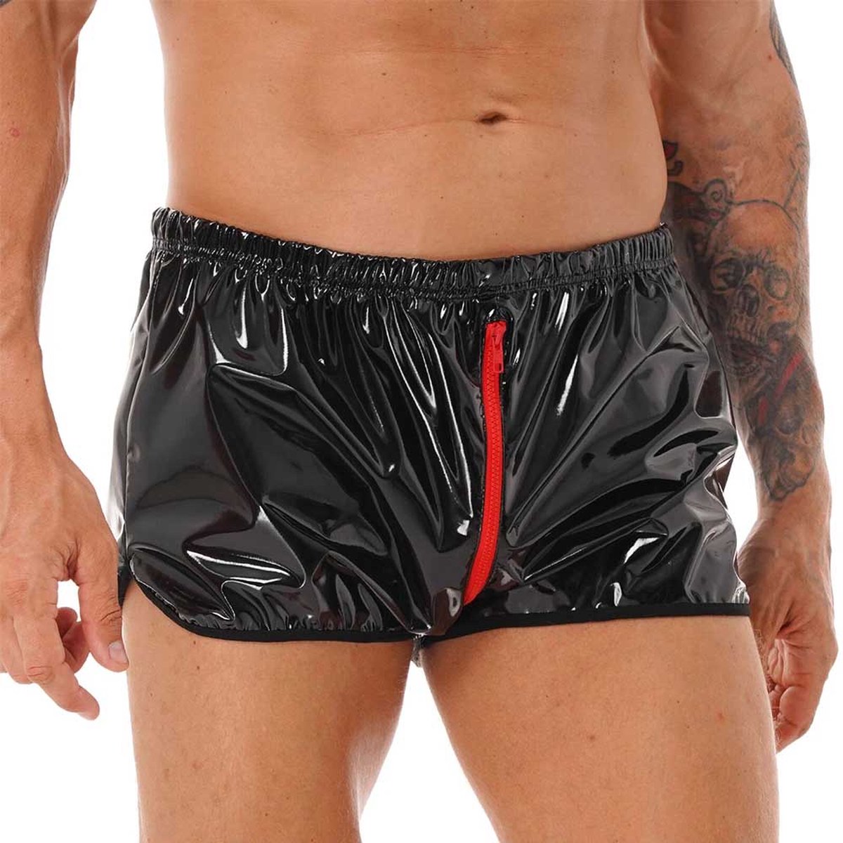 Goedkoopste Glanzende boxershort kunstleder - Leer - Ritssluiting open kruis - Latex look - Porno BDSM Kleding - Erotiek - Short - Kort broekje