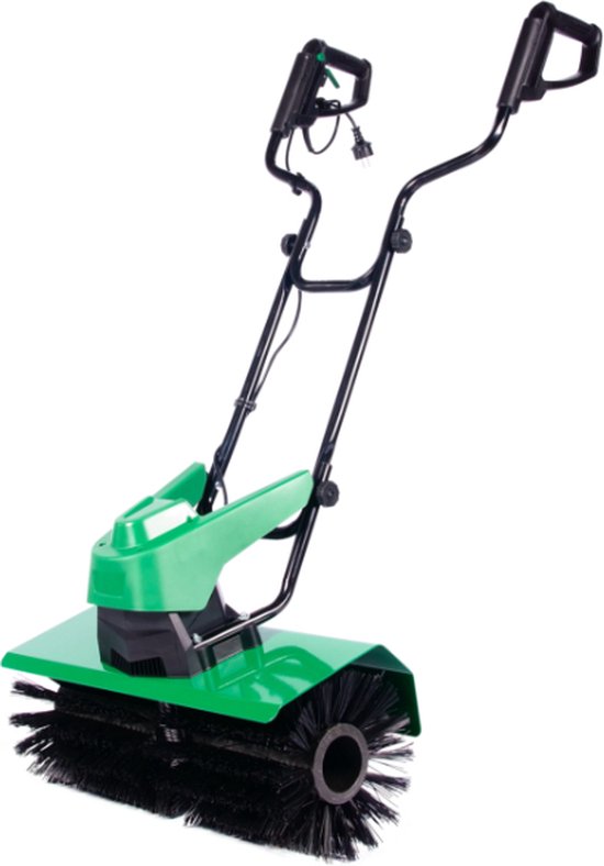 Balayeuse électrique verte pour gazon artificiel avec brosses noires, manche noir et cordon.