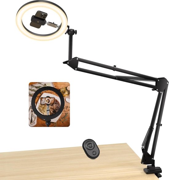 YAyusi Upgrade Overhead Mobiele Telefoon Statief met Ringlicht, Draagbaar 360° Rotatie Dimbaar 15 Helderheid LED Ringlicht voor Video-opname/Live Streaming