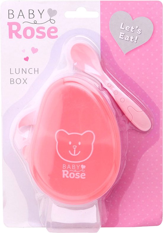 Roze baby lunchtrommel van Baby Rose met lepel, in verpakking met hartjes en tekst 'Let's Eat!'