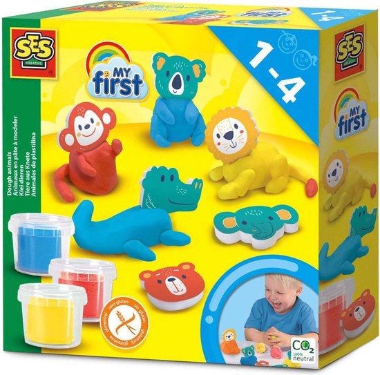 SES - My First - Klei dieren - 3 kleuren - 6 dierhoofden van foam - hypoallergeen - makkelijk uitwasbaar