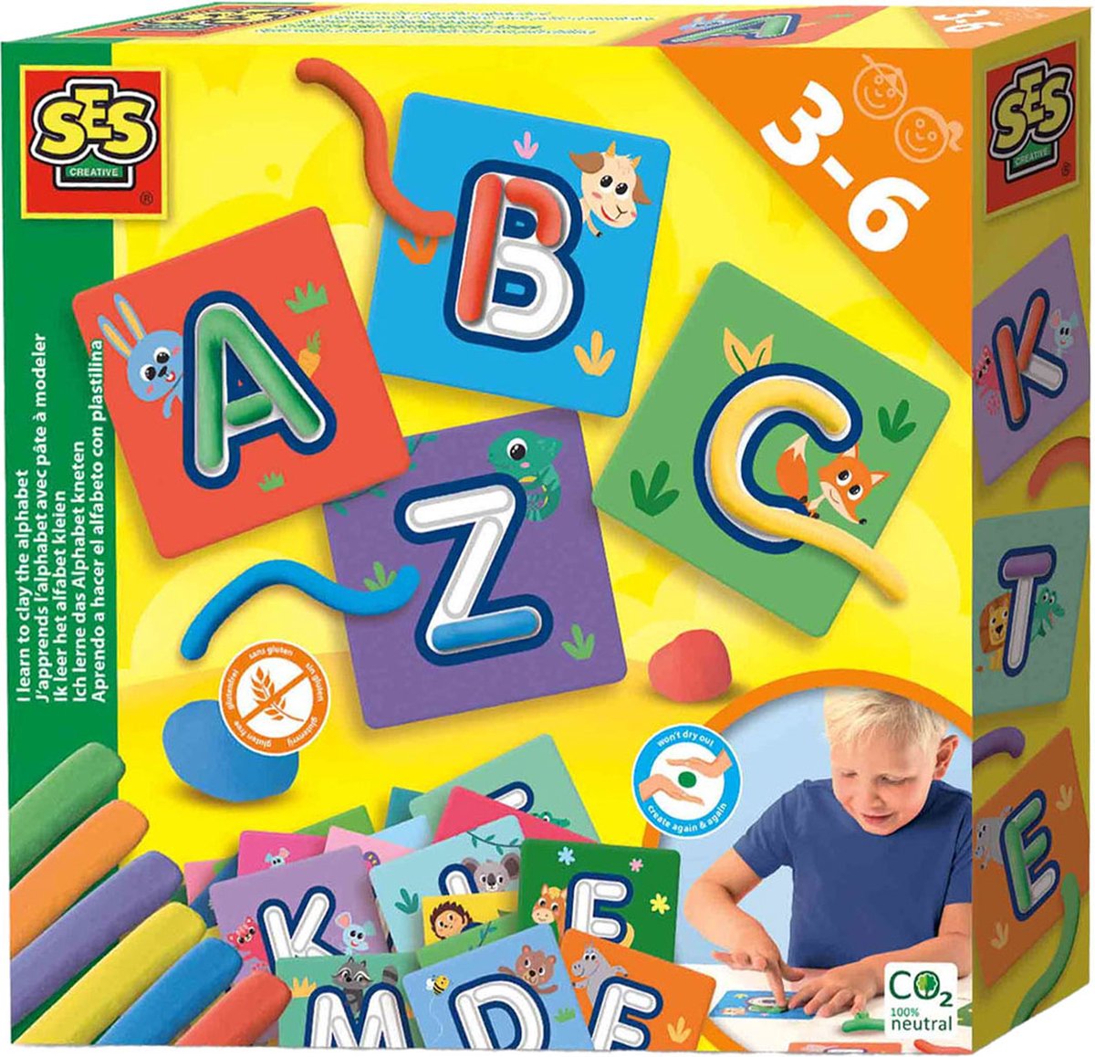 SES Ik leer het alfabet kleien leer het ABC met klei 6 kleuren boetseerklei (6x20g) glutenvrij droogt niet uit