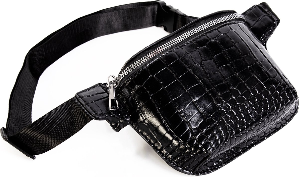 KIMU® Heuptasje Slangenleer - Zwart - Fanny Pack Leer Heuptas Leren Tas Leer Tasje Fannypack Krokodil Zwarte Dieren Krokodillenleer Festival