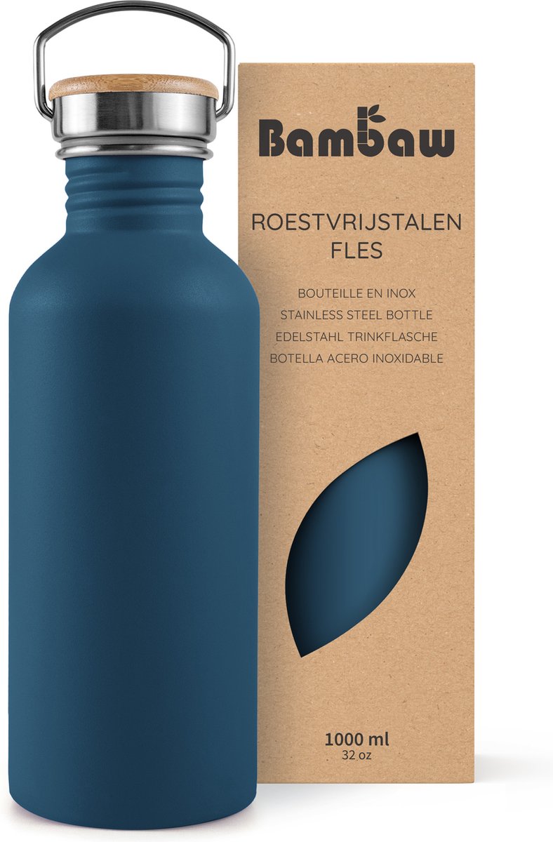 Bambaw® Waterfles 1 liter Enkelwandige drinkfles RVS - Lekvrij, en Plasticvrij met Bamboe Dop – Waterflessen Volwassenen – Drinkflessen - Waterfles – Perfect voor Reizen, Yoga, Wandelen en Dagelijks Gebruik - Water Fles – Blauw