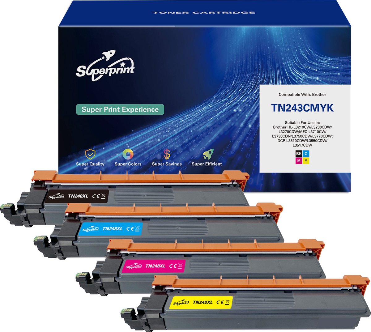 Superprint TN247 Toner Compatible with Brother TN-247 TN-243CMYK for MFC-L3710CW L3730CDN L3750CDW L3770CDW HL-L3210CW L3230CDW L3270CDW DCP-L3510CDW L3550CDW (2 Black, 1 cyan, 1 magenta, 1 yellow
