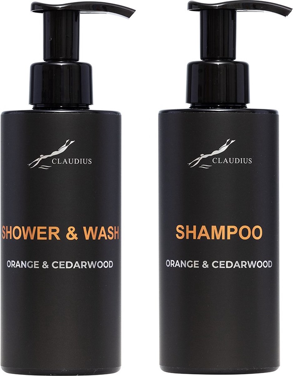Goedkoopste Douchepakket Sweet Orange & Cedarwood - Shower & Wash Shampoo - 300 ml per fles - bodycare - luxe fles - set van 2 stuks - Cadeau