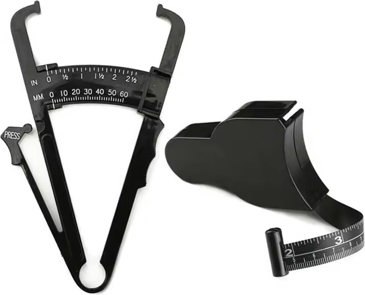 Bodega - Huidplooimeter en meetlint set - Vetmeting tang - Vetmeter - Huidplooi Meting - Lichaamsvet - Vetpercentage Meter - Bereken Vetpercentage - zwart