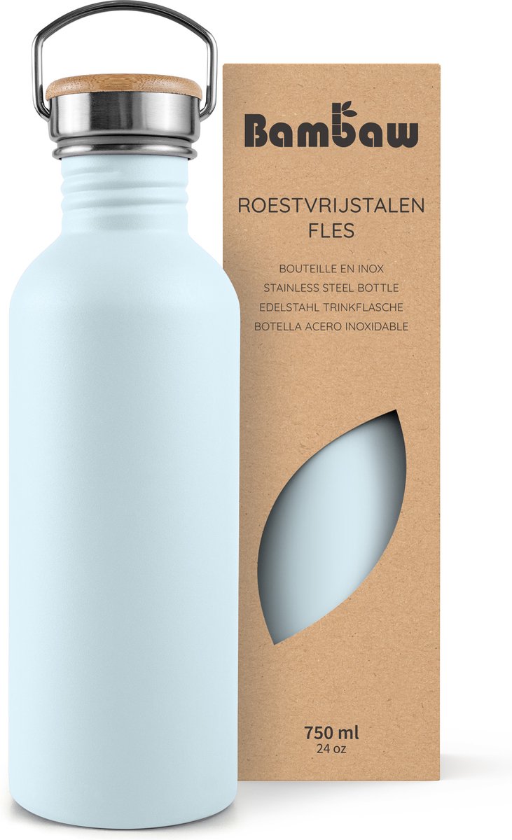 Bambaw® Waterfles 750ml - Enkelwandige drinkfles - Lekvrij, Plasticvrij met Bamboe Dop - Waterflessen Volwassenen - Waterfles RVS - Perfect voor Reizen, Wandelen, Dagelijks Gebruik, Kamperen - Water Fles - Camping - Lichtblauw