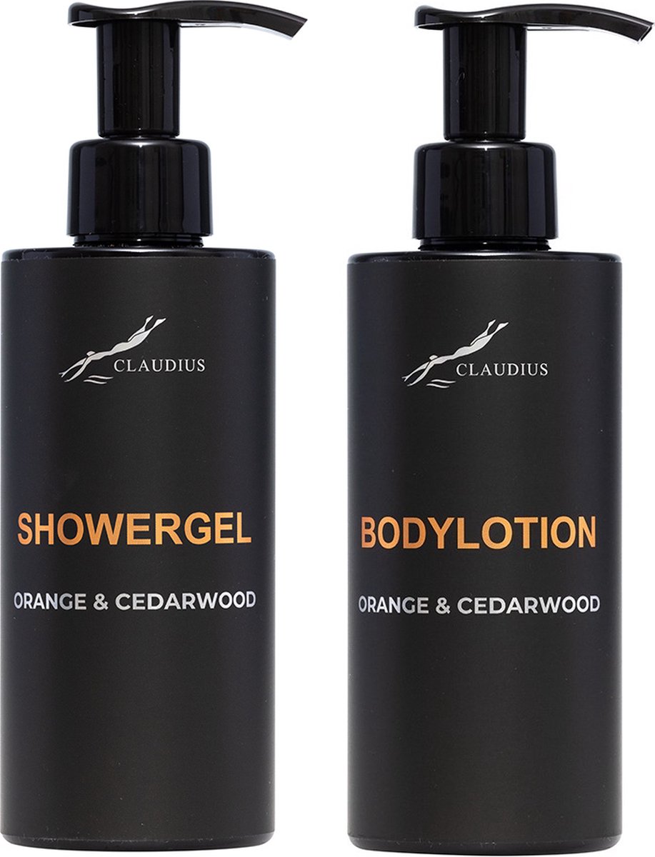 Goedkoopste Douchepakket Sweet Orange & Cedarwood - Showergel Bodylotion - 300 ml per fles - Claudius Cosmetics - bodycare - luxe fles - set van 2 stuks - Cadeau
