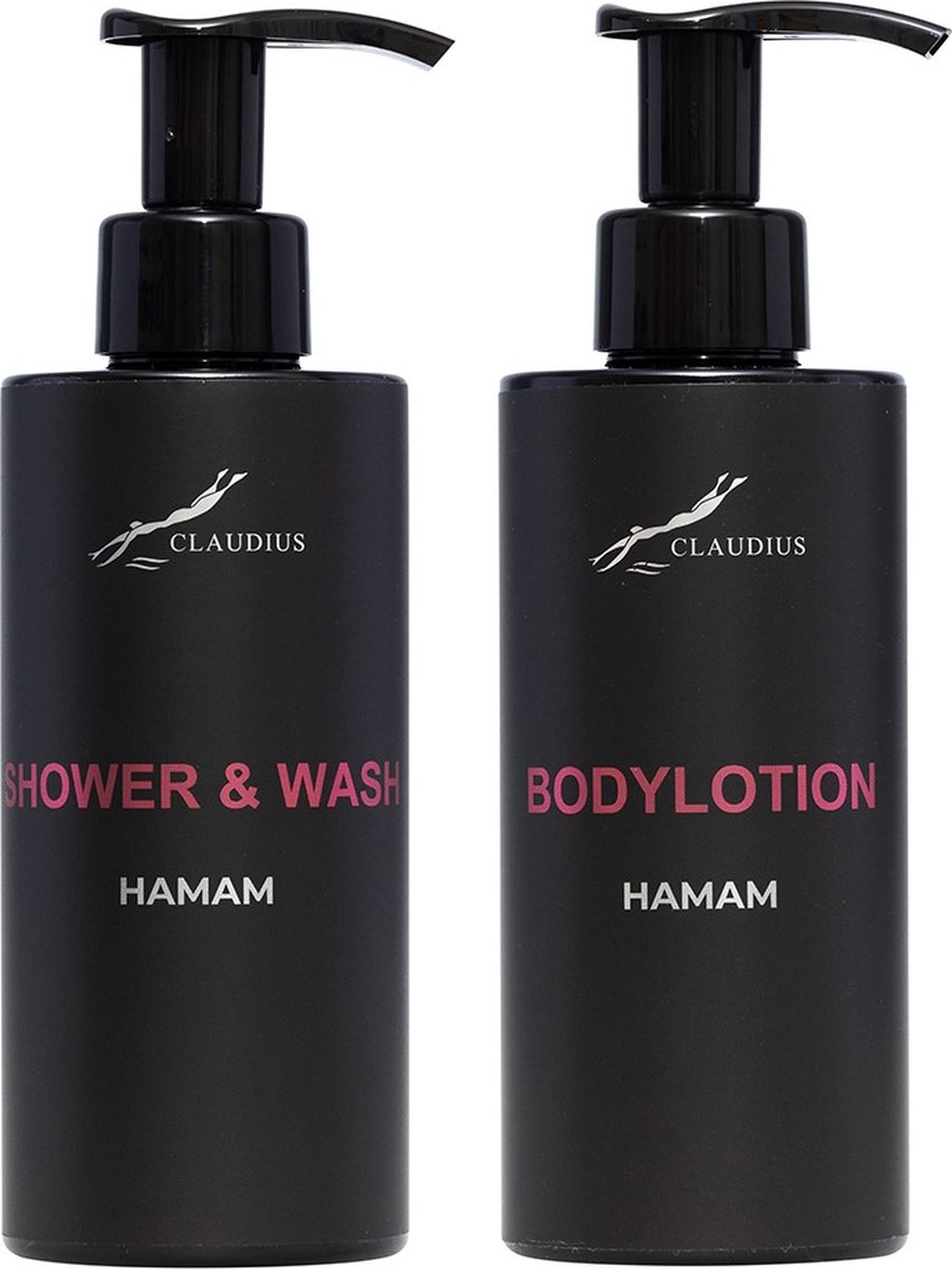 Goedkoopste Douchepakket Hamam - Shower & Wash Bodylotion - 300 ml per fles - Claudius Cosmetics - bodycare - luxe fles - set van 2 stuks - Cadeau