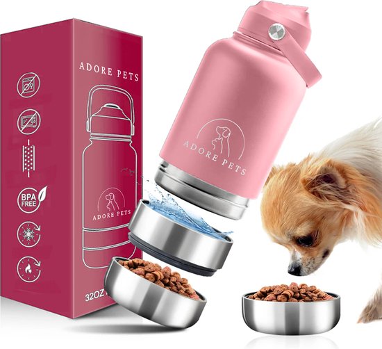 Adore Pets 4-in-1 Draagbare Drinkfles / Voerbak voor Honden en Katten Roze - Inclusief Voerbak & Waterbak - Roestvrij Staal & BPA-vrij