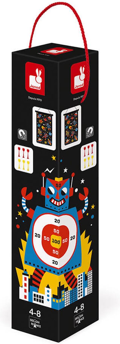Janod Spel - Dartspel Robots - Een Dubbelzijdig Magnetisch Dartbord Voor Twee Keer Zoveel Plezier! - Daag Je Naasten Uit Voor Een Wedstrijd Met De 6 Bijgeleverde Gekleurde Darts - Geschikt Vanaf 4 Jaar