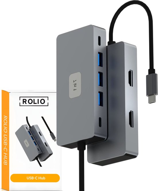 Foto: Rolio usb c hub dual monitor 2x hdmi 4k 2x usb c 3x usb 3 0 geschikt voor macbook pro air windows universeel