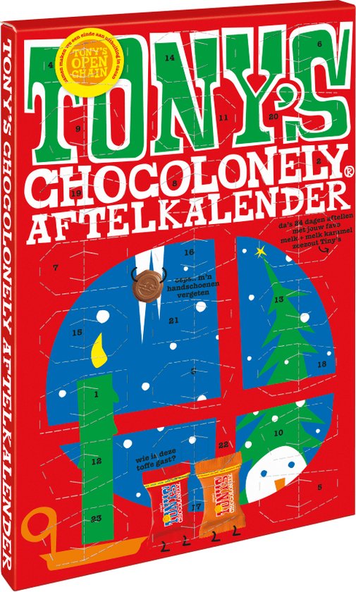 Foto: Tony s chocolonely tiny s adventskalender chocolade 2024 kleine aftelkalender kerstcadeau kerst kadootjes 2 verschillende smaken tiny tony s in een kerstkalender fairtrade belgische chocolade