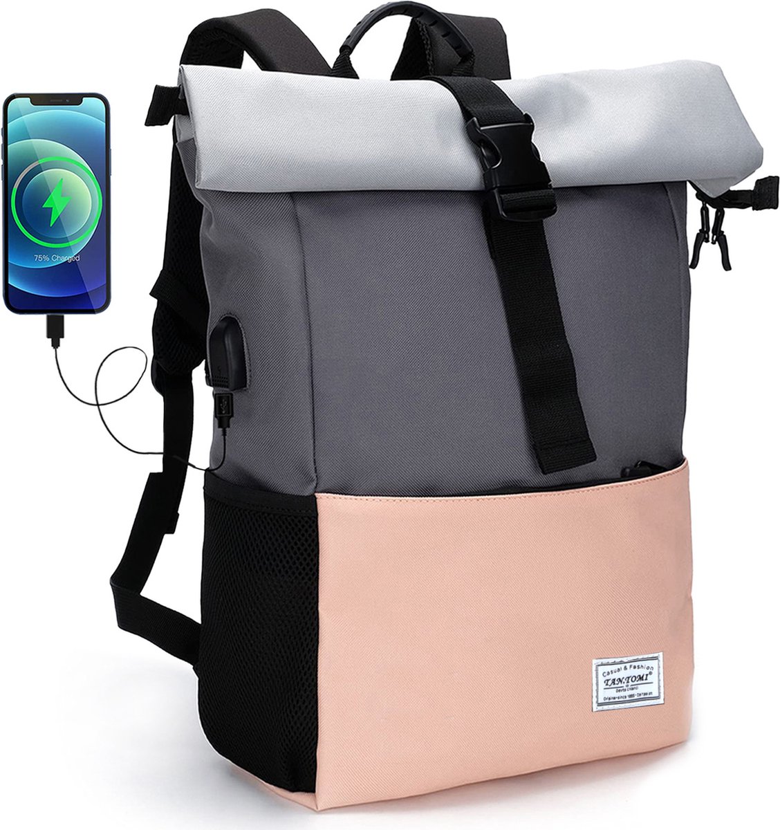 TANTOMI Rugzak - Rolltop Rugzak – 25-40L - Waterdicht - Externe USB-Poort - Laptopvak 15,6 inch - Ideaal voor Werk, Reizen & Outdoor - Roze/Grijs