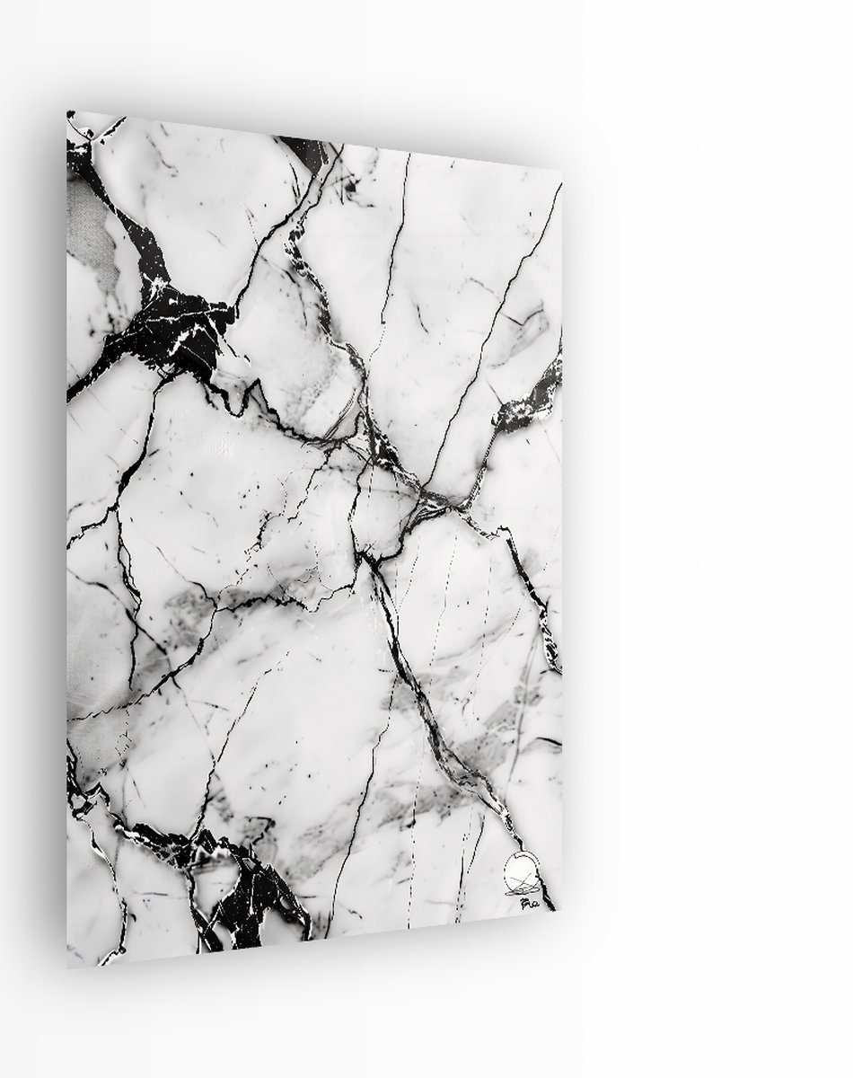 Indoorart Glasschilderij Wit Zwart Marmer 40x60 CM - Afbeelding op plexiglas - Inclusief montagemateriaal zwart, wit