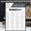 Lijst met kruiden en specerijen, met nummers, voor het labelen van kruidenpotjes. Titel: Kruiden & Specerijen Checklist.