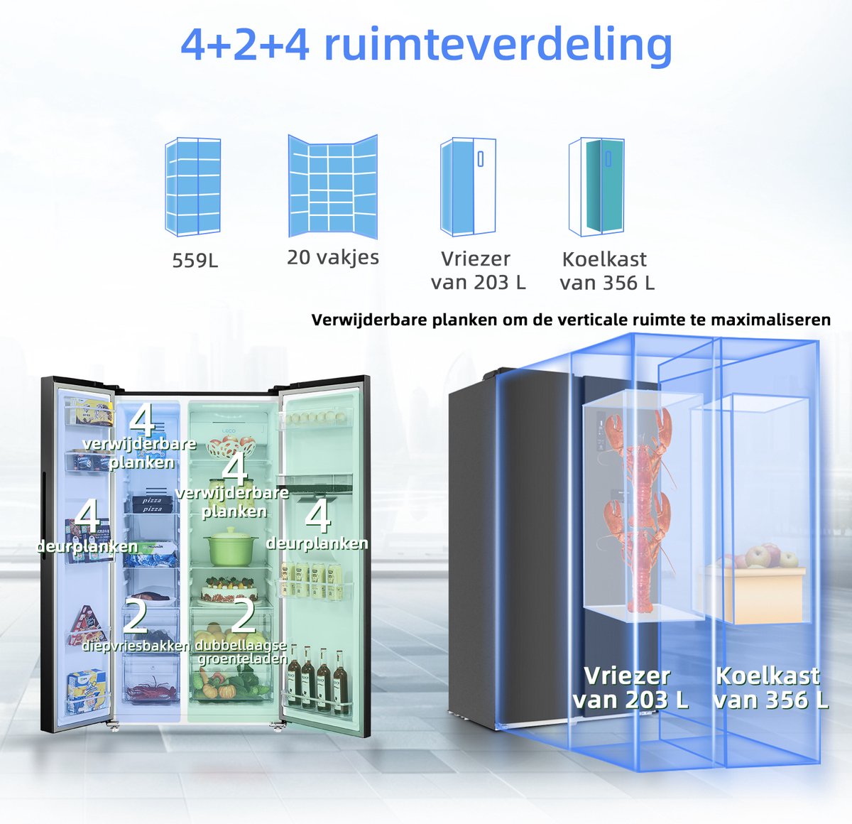 CHiQ FSS559NEI42D - Amerikaanse koelkast - 559 Liter - No Frost - 5.5 L Waterdispenser - Digitaal LED Display - Inverter Compressor - Snelvriezen tot -32℃ - 12 jaar garantie op compressor — afbeelding 4