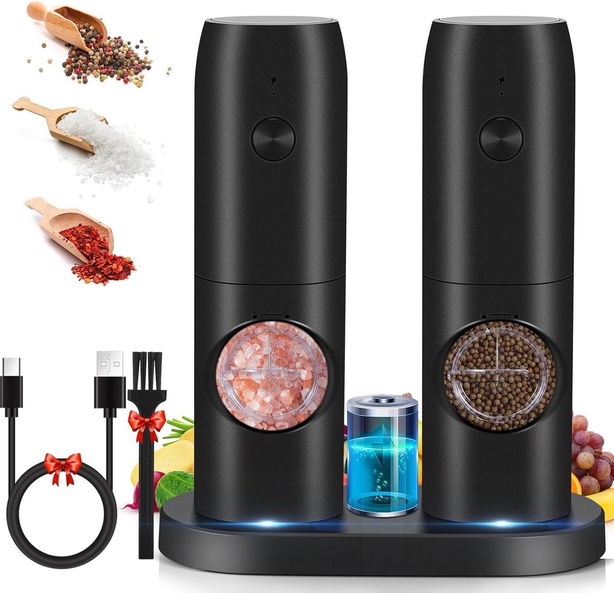Elektrische 2-in-1 zout- en pepermolenset met USB-oplaadbasis en verstelbare grofheid - ledlicht - pepermolens voor barbecue-restaurantkeuken
