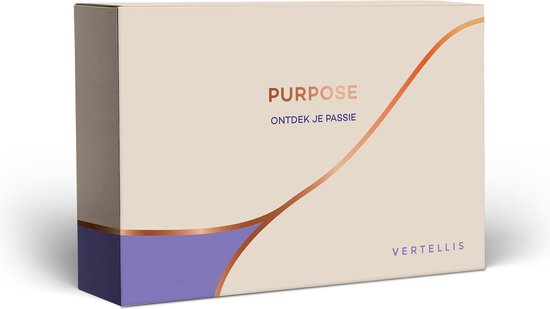 Vertellis 'Purpose' doos met een oranje-paarse golvende lijn. Tekst: 'PURPOSE Ontdek je passie'.