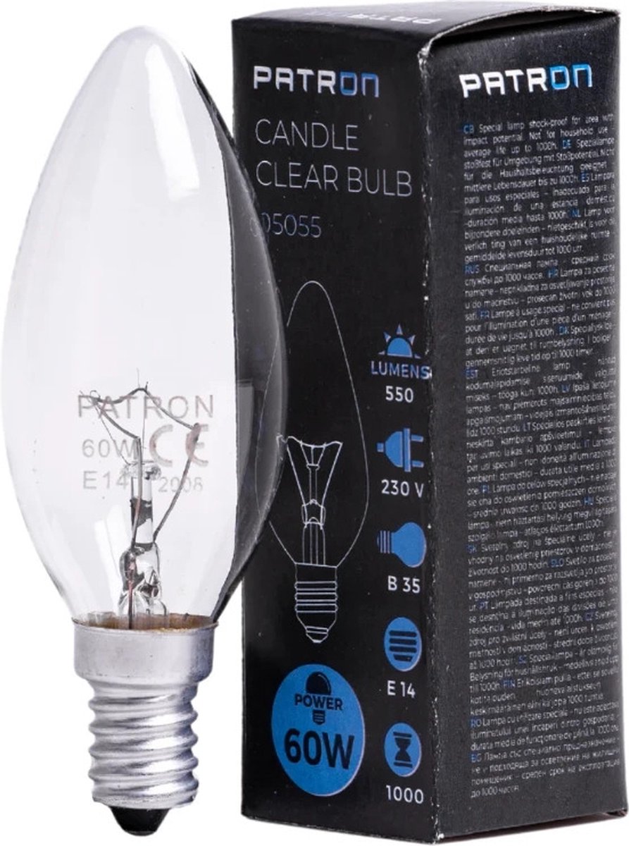 Patron E14 Kaars Gloeilamp | 60W 2700K 550Lm | Dimbaar