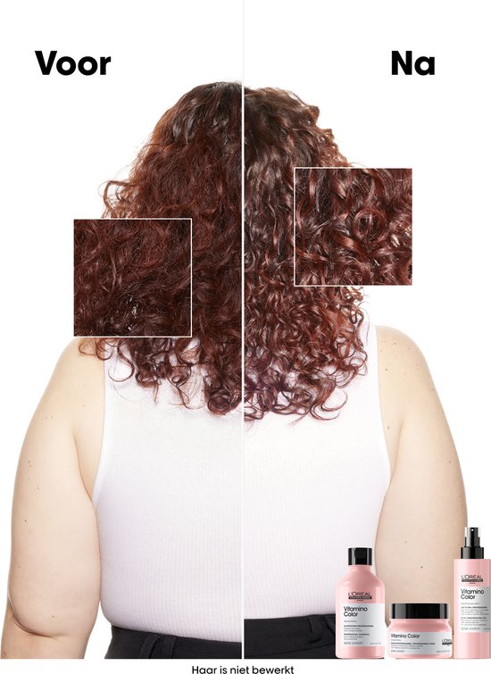 Voor-en-na foto van krullend roodbruin haar. Na de behandeling glanst het haar meer en zijn de krullen gedefinieerder.