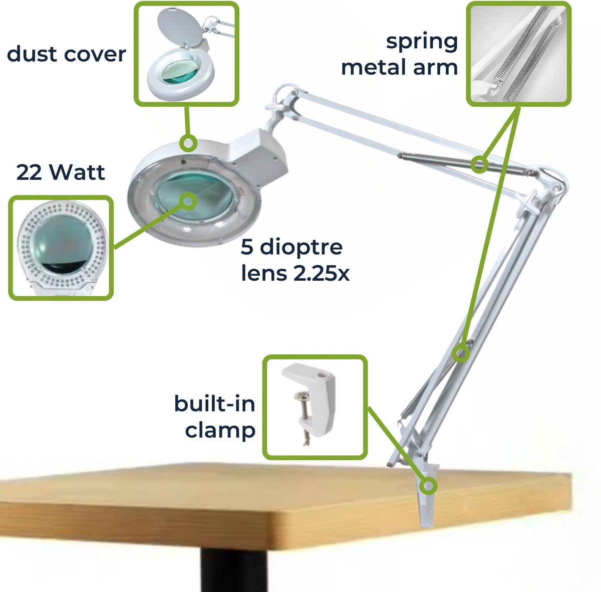 Velleman Loeplamp met klem, zwenkarm, aan/uit-schakelaar, spaarlamp (22 W), vergroting 2.25x, voor kinderen, volwassenen, senioren, lezen, diamond painting, hobby, werken, wit — afbeelding 3