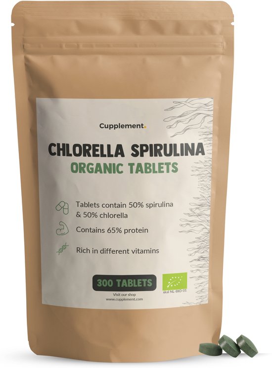 Cupplement Spirulina Chlorella 300 Algen Tabletten 500 MG per Tablet Biologisch - Geen Capsule, Vlokken of Poeder - Algen - Superfood - Supplement - Hawaii - Alg - Blauw - Spirilina - Chlorela NL-BIO-01
