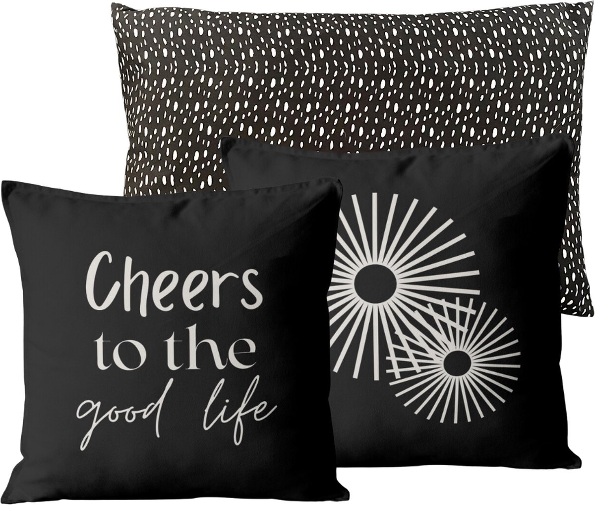 Buitenkussen Set van 3 voor Binnen en Buiten - sierkussens - tuin - tuinaccessoires - tuininrichten - Zwart Hart / Goede Dag / Cheers - 40x40 cm - Dubbelzijdig Ontwerp