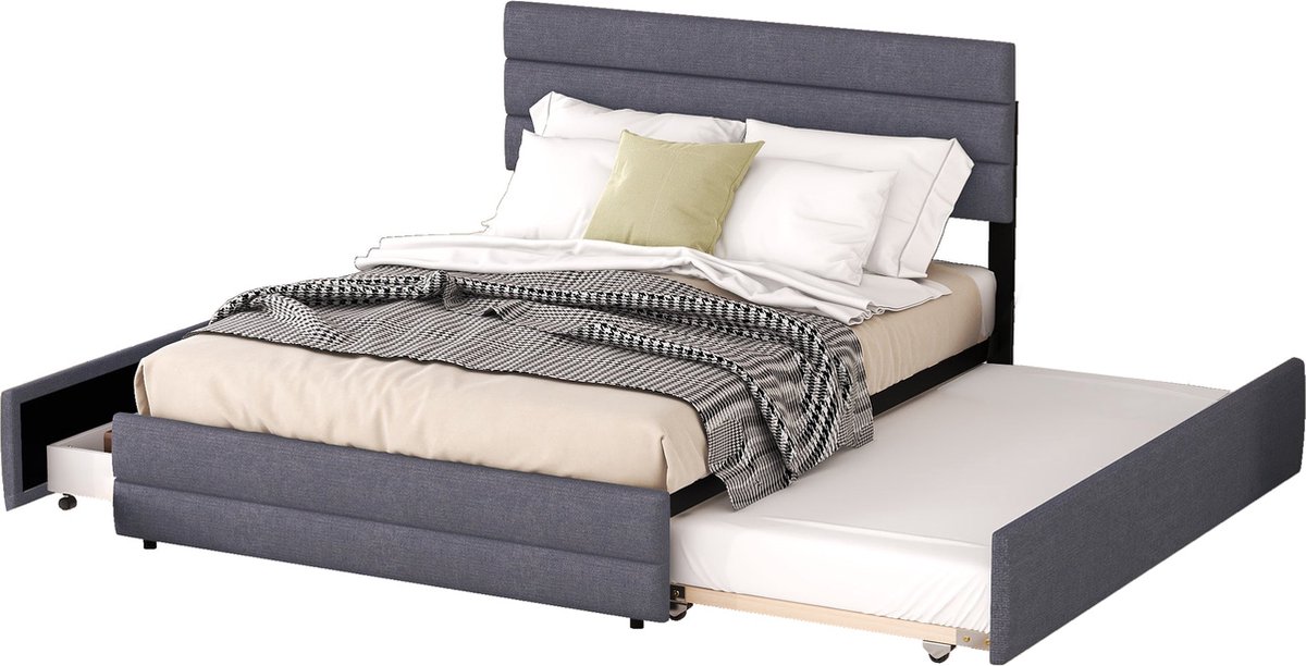 Merax Gestoffeerd Tweepersoonsbed 140x200 cm met Extra Uitschuifbaar Bed en 2 Lades - Bedframe met Verstelbaar Hoofdbord - Grijs
