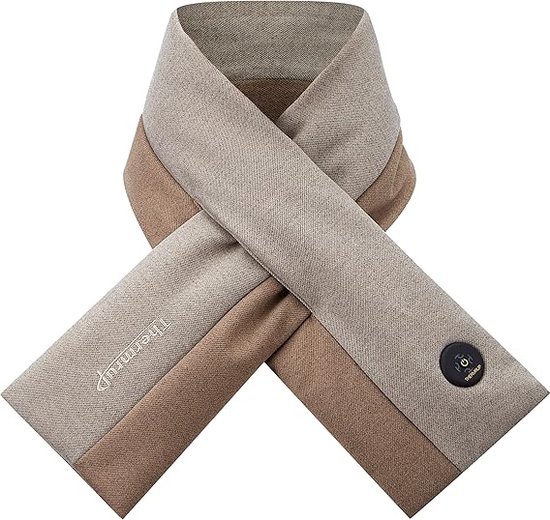Beige en bruine verwarmde sjaal, gedrapeerd in een lus met een zwart bedieningspaneel.
